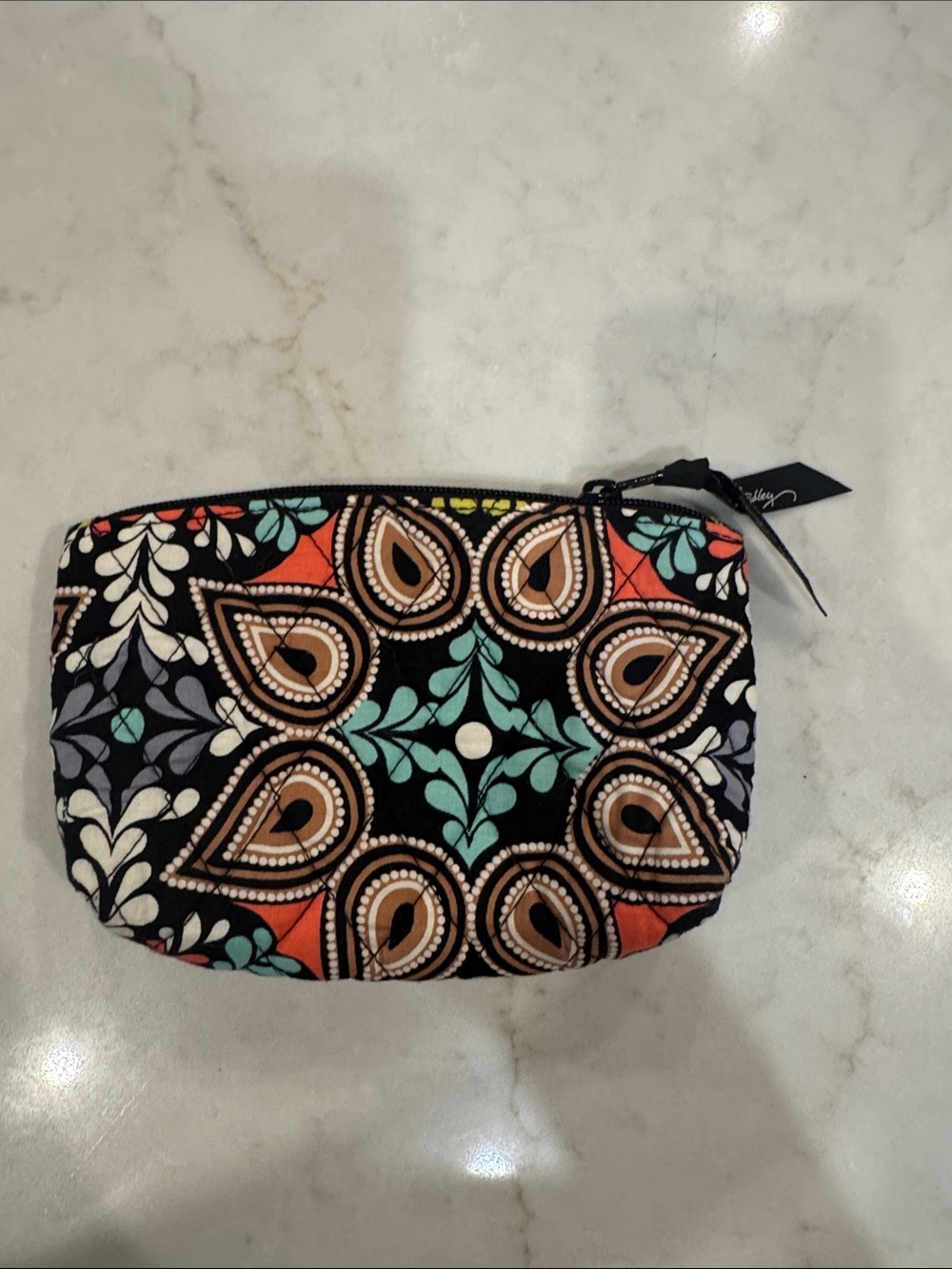 Vera Bradley Black Floral Paisley Cosmetic Pouch with Turquoise & Coral Accents